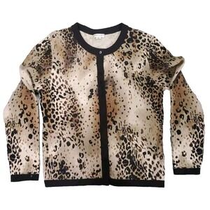 Investments Fine Cashmere Med Hidden Buttons Brown Leopard Cardigan Sweater